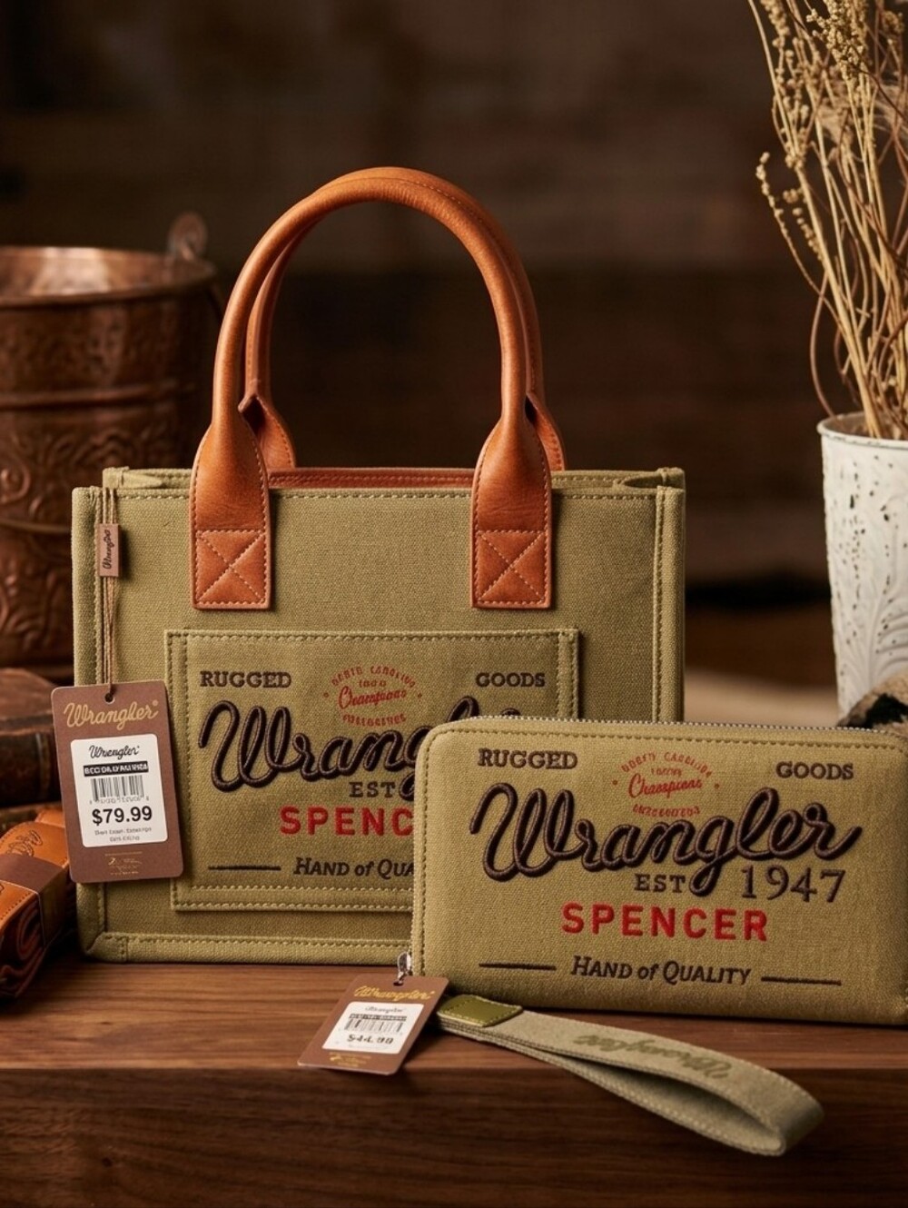 NEW Olive Green Wrangler Mini Tote Crossbody Strap and Matching Wristlet Wallet